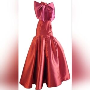 ^□$6,890 BIBHU MOHAPATRA RED PINK BOW SILK WOOL RUNW GOWN XS